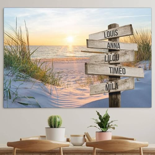 Générique Toile personnalisée avec cadre prénom famille Coucher de soleil sur la plage cadre en bois (60 x 40 cm)