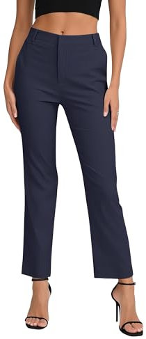EXCHIC Donne Business Casual Elastica Vita Gamba Dritta Pantaloni con Tasche(M, Blu Navy)