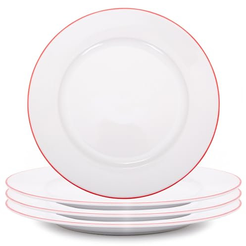 Happy Homewares Premium Set of 4 White Ceramic Dinner Plates with Elegant Thin Red Rim - Durable, Stylish Dinnerware for Modern Table Settings