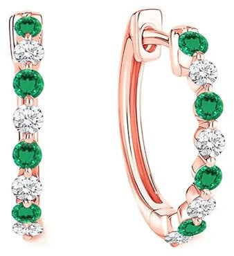 Round Cut Green Emerald & White Diamond Hoop Earrings For Women, 14K Rose Gold Finish May Birthstone Emerald Hoop & Huggies Earrings