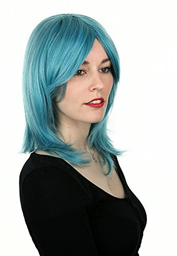 Prettyland Damen Türkis Blaue Mittellange Gestuft Glatte Schulterlange Perücke mit Pony Wig C583