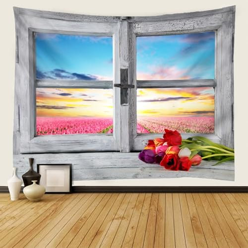 AMDXD Wandteppiche 350x256cm, Landschaft Natur Wandteppich Fenster Blumen Wandtuch Polyester Wandtücher für Wohnzimmer, Wohndekor, Bunt