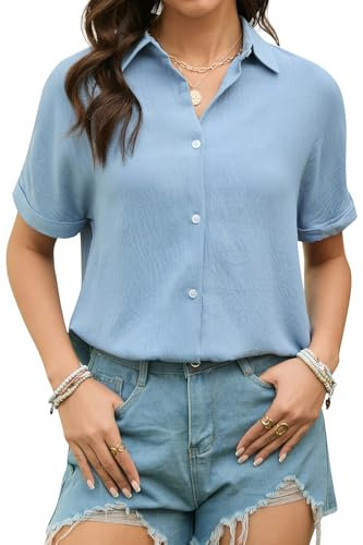 Stamain Shirts for Women Blue Ladies Short Sleeve Blouses Casual Button Up Womens Summer Shirts Summer Loose Fit M