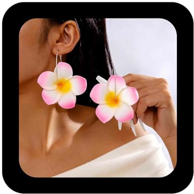 Enautoabs Hawaiianische Blume Baumeln Ohrringe Große Plumeria Blume Ohrringe Rosa Blume Tropfen Reif Ohrringe Große Plumeria Ohrringe Übertrieben Strand Urlaub Ohrringe Schmuck Für Frauen