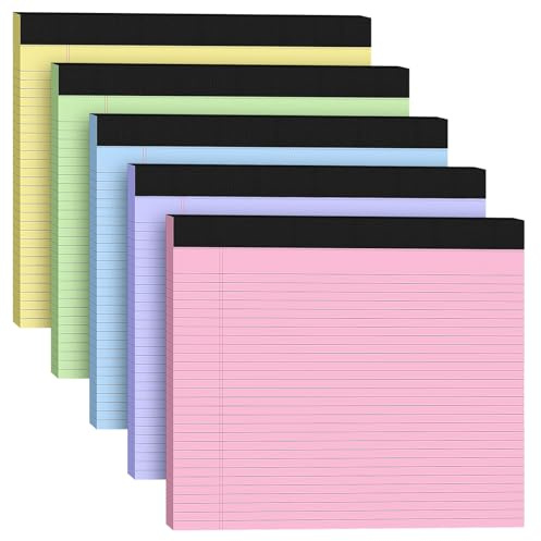 Confezione da 5 blocchi legali larghi 27,9 x 24,1 cm, orizzontale, rosa, viola, blu, verde, giallo, a righe strette, 30 fogli per blocco note, carta da scrittura perforata, pannello posteriore spesso