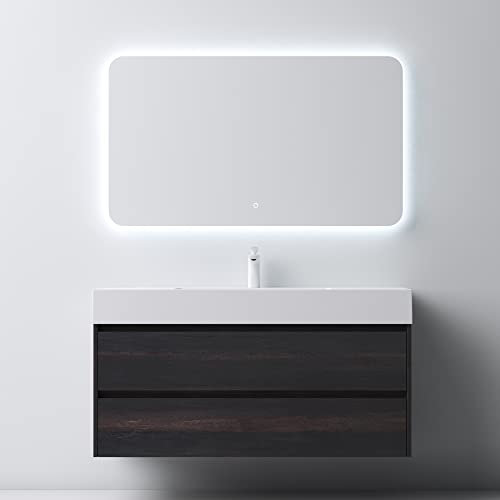 Mai & Mai Badmöbel-Set Waschtisch mit Unterschrank Deep Waschbeckenunterschrank 120x48x63cm in Dunkelbraun mit 2-Schubladen inkl. Waschbecken und LED-Badspiegel