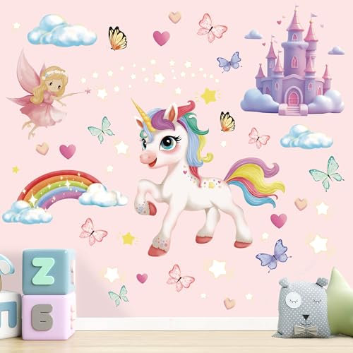 Wandtattoo Kinderzimmer Mädchen, Wandtattoo Einhorn Regenbogen Fee Schmetterling Liebe Wolken Sterne rosa Wandaufkleber Mädchen Kinder Baby Kindergarten Zimmer Dekoration