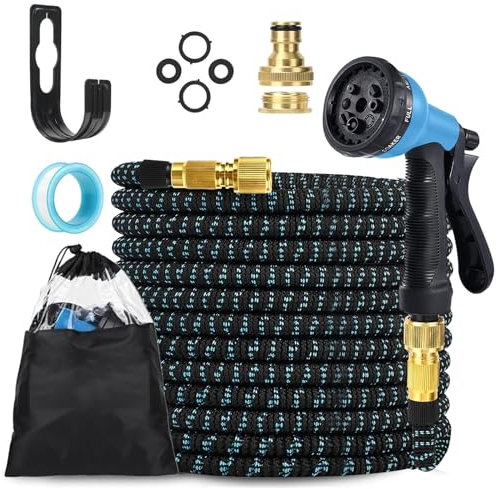 LINGKY Flexibler Gartenschlauch 7,5m, Wasserschlauch flexibel mit 3-Fach Latexkern, dehnbarer flexiSchlauch, alle Verschraubungen aus hochwertigem Messing, mit Innen- & Außenadapter