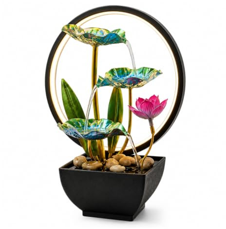 Urban London Fontana ad acqua zen metallica alimentata tramite USB, con luce LED, rilassante, cascata da tavolo a 3 livelli con pietre e suono rilassante per la casa e l'ufficio