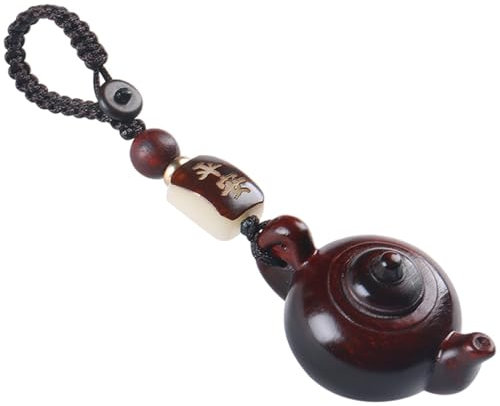 JZWCHQ Wooden Mini Tea Pot Statue Keychain Car Keyring, 3D Teapot Charm Pendant for Pouch Bag Ornament, Tea Party Favors