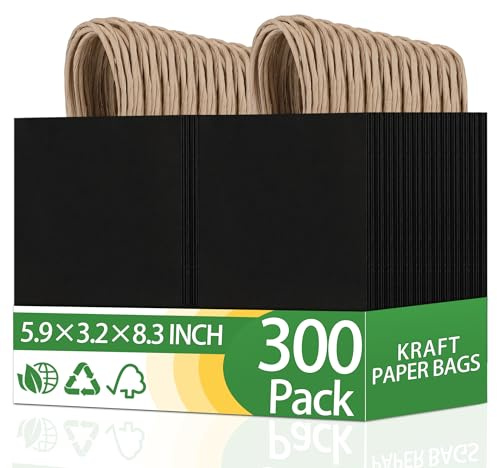 OEMVALATY Kleine schwarze Papiertüten mit Griffen, Kraftpapier, Geschenktüten für Geburtstagspartys, Lebensmittel, Einzelhandel, Geschäft, Einkaufen, Waren, Handwerk, blanko, 300 Stück