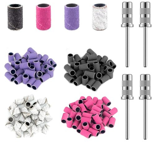 Xumann 400 Pcs Sanding Bands for Nail Drill, 80#120#180#240# Grit Sanding with 4 Pieces Nail Drill Bits for Nail File Replacement Heads