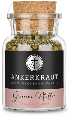 Ankerkraut Grüner Pfeffer ganz geräuchert, krautiges Aroma und dezente Schärfe, für Fleisch, Gemüse und Saucen, 25 g im Korkenglas