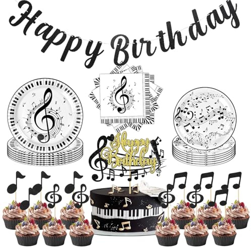 Dncvb Musik Deko Geburtstag, 54 Musik Partygeschirr Set | Notiz Geburtstagsdeko mit Happy Birthday Banner, Pappteller, Tortendeko, Servietten, Musiknoten Party Deko