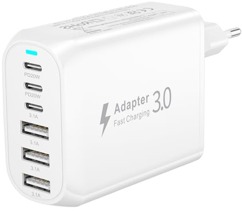 Cargador USB C Carga Rapida, 60W 6-Puerto Enchufe USB C Multiple Cargador iPhone Carga Rapida Enchufe Tipo C Cargador Movil rapido para iPhone 17 16 15 14 13 12 11 Pro MAX, Samsung Galaxy S25 S24 S23