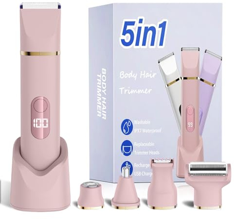 Depiladora Bikini 5 en 1 para mujeres, afeitadora eléctrica corporal inalámbrica impermeable IPX7, 5 cabezales intercambiables para depilación cara, piernas y zona íntima, hoja cerámica, carga USB