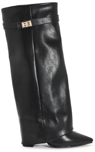 sole london LADIES Women's KNEE HIGH Fold Over Buckle Fashion Zip Pointed Block Heel Boots – Stylish Ruched Design – Comfortable Mid-Block Heel (4 INCH)– Faux Leather & Faux Suede