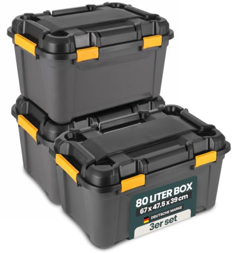 Kreher® Bunker Tough Aufbewahrungsbox 80L - 67 x 47,5 x 39 cm - IP67 wasserdicht & staubdicht, UV-beständig, schlagfest - Ideal für Werkzeug, Garage, Camping, Outdoor & Haushalt - 3 Stück