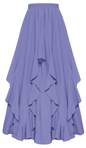 SCARLET DARKNESS Gonna Lunga Donna Rinascimentale Medievale Steampunk Chiffon, Vita Elastica Orlo con Volant Lilla M