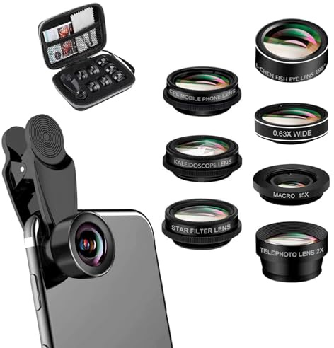 Kit de lentes 7 en 1 para teléfono, HD ojo de pez 198°, gran angular 0.63X, Macro 15X, lente vertical 2X, polarizador CPL, lente caleidoscopio, lente Starlight, compatible con Smartphone