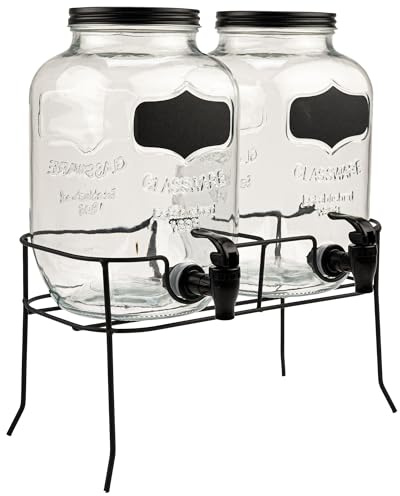 FESTA ITALIA Distributeur De Boissons Avec Robinet 2x4L Avec Support - Fontaine À Boisson En Verre Pour Eau, Limonade, Jus Et Thé Glacé, Lot De 2 Jarres Avec Couvercle