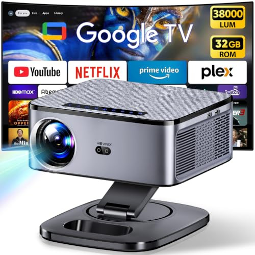HEVNIX Smart Google TV 4K Projector, 1500 ANSI 1080P | 38000Lum,2+32GB Storage, Google Voice,AI Auto Focus, WiFi 6, BT5.3, Portable for Bedroom & Garden Outdoor Cinema