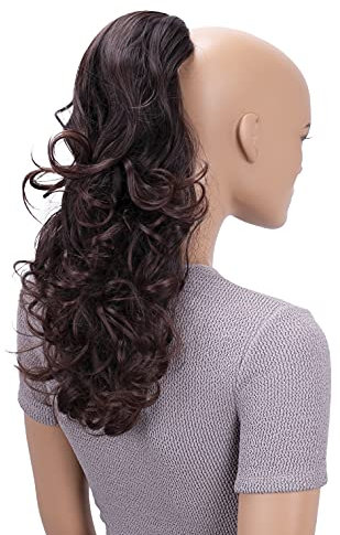 CAISHA 45cm Lang Haarteil Zopf Pferdeschwanz Haarverlängerung Mit Kordelverschluss Voluminös Gelockt Kastanienbraun Mix PH17