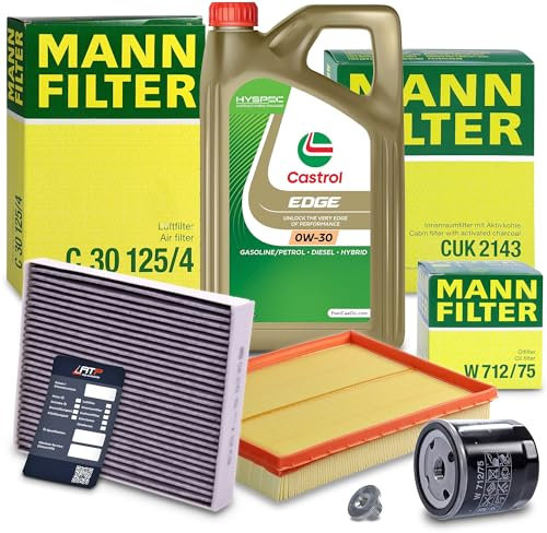 MANN-FILTER Inspektionspaket Filterset 1x Ölfilter, 1x Luftfilter, 1x Innenraumfilter, 1x Motoröl 0W-30 EDGE FLUID TITANIUM 5 l, 1x Ölablassschraube mit Dichtung Kompatibel mit OPEL MERIVA A (X03)