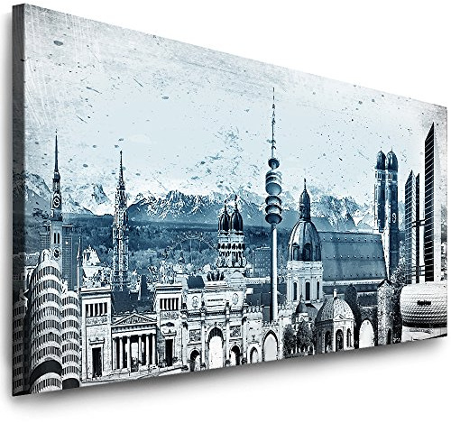 Julia-Art Leinwandbilder - 120 mal 50 cm Bild München Skyline, Stadt Wandbilder sind fertig gerahmt - verschiedene Motive - Kunstdrucke XXL Panorama Mn-01-13