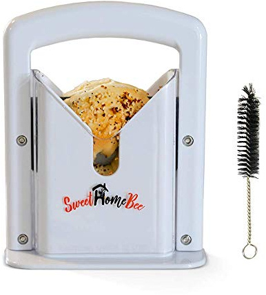 Sweet Home Bee Bagel Slicer, Stainless Steel Kitchen Guillotine Cutter with Safe Grip and Safety Shield for Bagels, Breads, Muffins, Buns, Rolls - Fast, Easy And Safe, White
