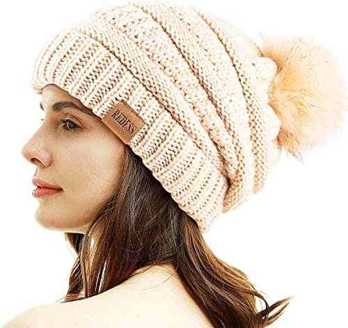 REDESS Damen Winter Pom Pom Beanie Mütze mit warmem Fleece gefüttert, Dicker Slouchy Snow Knit Chunky Baggy Skull Ski Cap