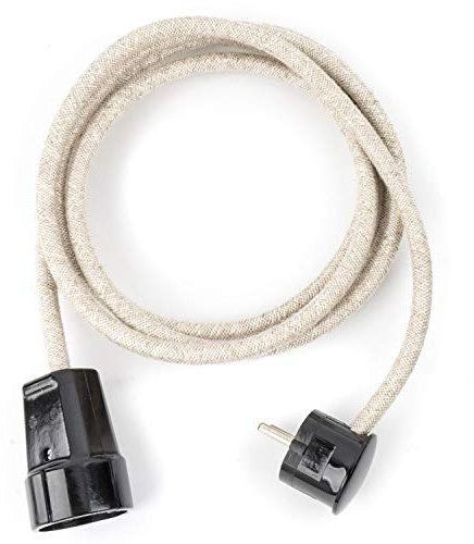 5m Textil Verlängerungskabel LEINEN, Textilkabel mit Schuko-Winkelstecker und Kupplung aus Duroplast (Bakelit Optik)