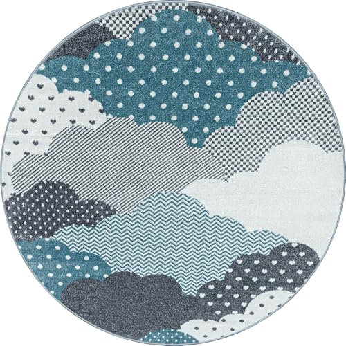Carpetsale24 Kinderteppich Modern Wolken Design Blau und Grau 160 cm Rund - Kurzflor Teppich Kinderzimmer Waschbarer Spielteppich Babyteppich für Junge und Mädchen Extra Weich und Antiallergen Runder