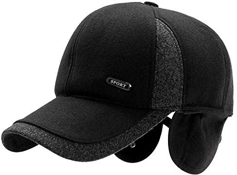 Winter Baumwolle Baseballmütze mit Ohrenklappen Wintermütze mit Ohrenschutz Verstellbar Baseballcap Schweißband Wintercap Baseball Kappe Schirmmütze Gehörschutz Mützen für Männer Herren Damen Schwarz