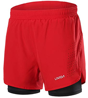 LIXADA Shorts de Course 2 en 1 pour Hommes, Shorts d'Athlétisme, Shorts de Fitness Marathon, Pantalon Respirant + Séchage Rapide (Rouge, L)