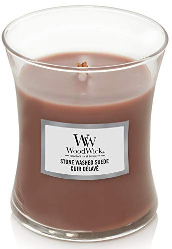 WoodWick mittelgroße Duftkerze im Sanduhrglas mit knisterndem Docht | Stone Washed Suede | Brenndauer bis zu 60 Stunden, Medium