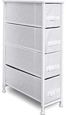 Clarisworld 4 Narrow Chest Drawers Storage Tower Dresser - Wood Top, Sturdy Steel Frame, Organizer Unit for Bedroom, Hallway, Entryway, Closets – Laminated Fabric (4 Drawer Narrow White)
