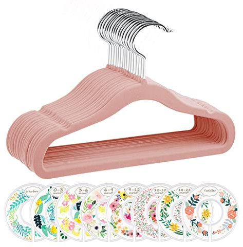 ManGotree Perchas de Terciopelo para bebés de 28 cm, Perchas Antideslizantes para bebés y niños pequeños, con 8 separadores para la Ropa de los niños (Paquete de 15, Rosa)