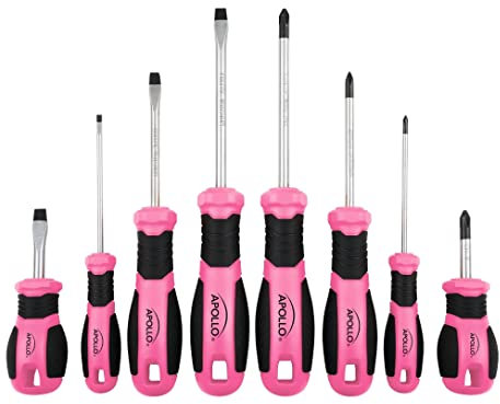 Apollo Tools Pink 8-teiliges Essential Schraubendreher-Set Kreuzschlitz und Schlitz mit magnetischen Spitzen und rutschfesten Komfortgriffen Inklusive Kurzschraubendreher für enge Räume – Rosa Band –