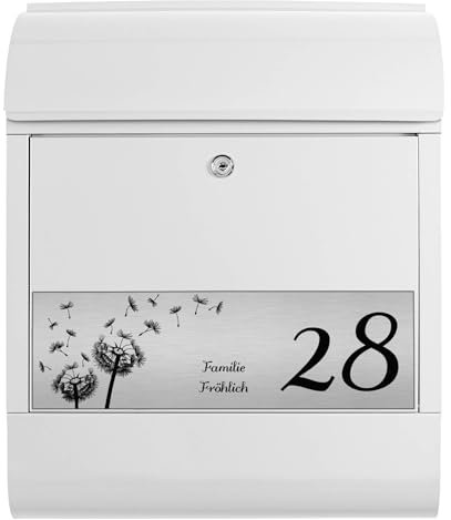Banjado® Personalisierter Briefkasten Mit Graviertem Namensschild in Silber - Weiß 39x47x14cm - Mit Hausnummer, Namen & Motiv Pusteblume - Mit Zeitungsfach
