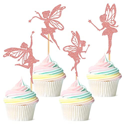 Blumomon 36Pcs Fairy Cupcake Toppers Rose Gold Glitter Flower Angel Fairy Cupcake Picks Ballet Dancer Cupcake Topper for Wedding Bridal Shower Baby Shower Birthday Party Cake Decorations Supplies