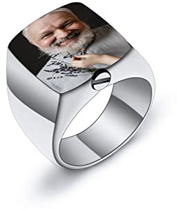 INBLUE Ringe Herren Asche Ring Edelstahl Siegelring mit Gravur Personalisierter Foto Text Eingraviert Schwarzer Gold Ring Hunde Erinnerung Schmuck mit Trichter Werkzeug (Silber, Farbfoto, Größe 64)