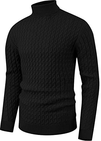Sailwind Mens Jumpers Turtle Neck Tops Twisted Knitted Sweaters Slim Fit Pullover Solid Colour Basic Tops Winter Warm Knitwear (Black, L)