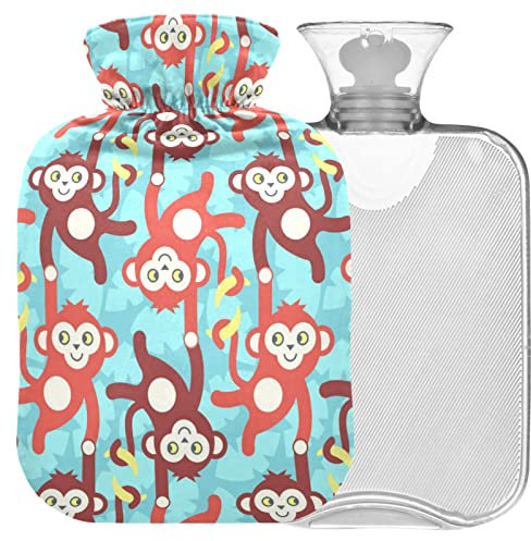 Naanle Lustige Affen Wärmflasche mit Bezug Transparente Warmwasserflasche 1L Wärmflasche für Bett Handfüße Wärmer Schmerzlinderung Wärme- und Kältetherapie