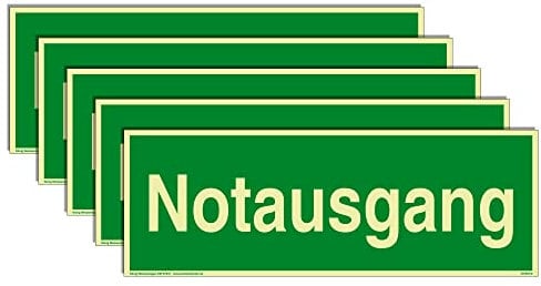 5 Schilder Notausgang | extra langnachleuchtend | PVC selbstklebend 297 x 105 mm | gemäß BGV A 8