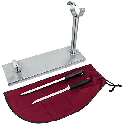 Nerthus Support à jambon à tête fixe en acier inoxydable + couvre-jambon bordeaux + aiguiseur manuel + couteau à jambon