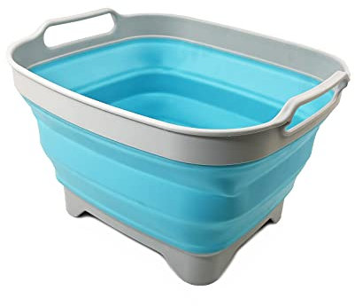 SAMMART 7.5L Collapsible Dishpan with Draining Plug - Foldable Washing Basin - Portable Dish Washing Tub - Space Saving (Grey/Cyanine)