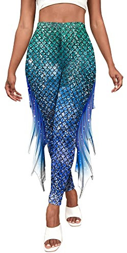 SEAUR Leggins Meerjungfrau Damen Schuppenmuster Legging Glänzend High Waist Yoga Leggings Slim Fit Hose Skinny Pants für Tanz Party Club Karneval Festival - M