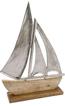 Alu Schiff mit Standfuß aus Mangoholz - 20 cm / klein - Aufsteller Segelboot aus Metall und Holz - Maritime Küsten Deko Segelschiff Skulptur Tisch Figur Boot Schiff