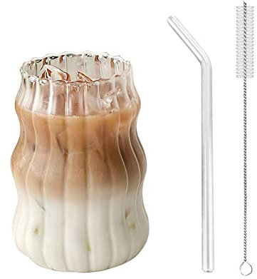 Iced Coffee Cup with Straw 18 oz Glass Clear Ripple Coffee Mug with Glass Straw and Straw Cleaner Brush Ribbed Glassware Smoothie Cup Water Glasses